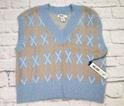 William Rast Blue & Tan Argyle Soft Fuzzy Layering Sweater Vest Womens XS