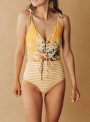 NWT Albion The Rachel One Piece Swimsuit Floral Yellow Stripe Size Medium NEW