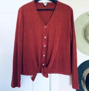 a new day Rustie Red Front Tie Button-Up Long Sleeve Ribbed V-Neck Top | Size XL