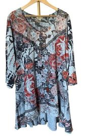 One World Geometric Embellished Stretch Long Sleeve Boho Artsy Art Wear Tunic 3X