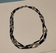 Signed EMMONS Costume Necklace - Silver Tone / Black Bead Multi Strand Chain