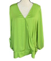 JM Collection XX-Large Top 3/4 Sleeve Surplice V-Neck Smocked Lightweight Green