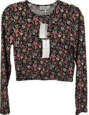 Womens S Floral Print Long Sleeve Stretch Cropped Black Multicolor Top