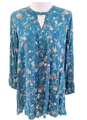 Umgee Teal Floral Flowy Long Sleeve Tunic Length Blouse Small