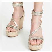 Badgley Mischka Lita Leather Espadrilles Size 8.5 Silver Wedge Sandals