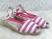 Chicos Jessa Pink Classic Striped Espadrille Wedges Sandals Size 7