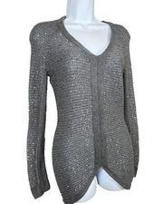 Vintage Cache Womens Medium V-Neck Sweater Silver Sequin Gray Long Sleeve Y2K