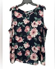 Collective Concepts Floral Tank Size 2X Navy Pink Flowers All Over Print Keyhole