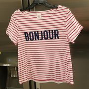 💕CINQ A SEPT💕 Boatneck Striped Graphic Tee ~ BONJOUR Red & White Large L NWT