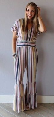 Main Strip V-Neck FlutterSleeve Tier WideLeg Jumpsuit Pant Romper