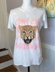 Zutter Cheetah Distressed Long Live Rock N Roll Graphic White T Shirt Womens M