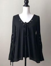 BAND OF GYPSIES | Black Lace-up Bell Sleeve Blouse Sz S