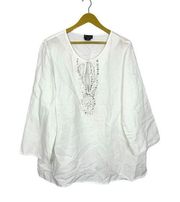 Ny Collection Linen Blend White 1X Tunic Top Sequins Beads V-Neck Lagenlook