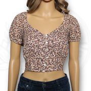 Japna Floral Print Button Front Smocked Puff Sleeve Crop Top Brown Size L