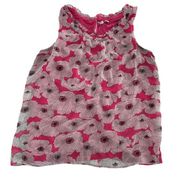 ELLE Shirt Womens Medium Pink Poppy Floral Ruffle Neckline Shift Blouse Top