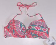 3. NWT 32C  bright halter bikini top white pink orange light padding