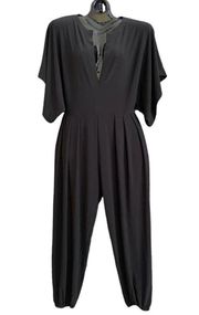 Rectangle Plunging V-Neck Kimono-Sleeve Black Jogger Jumpsuit