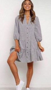 Women's Gingham Long Sleeve Button Down Casual Loose Flowy Swing Dress