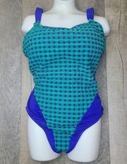 Vintage Jantzen Gingham Plaid Blue Navy Trim One Piece Swimsuit Size 12