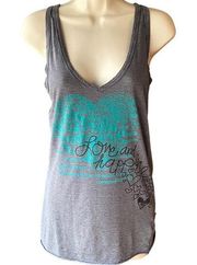 ROXY Gray Pinstripe Teal Love & Happiness Graphic Tank Top ~ Women's Size LARGE