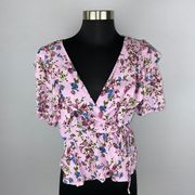 Forever 21 Womens Medium M Purple Floral Ruffle Accented Peplum Hem Wrap Top