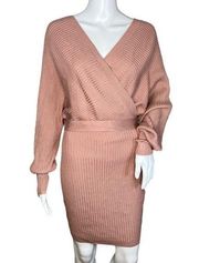 Love Tree Dress Womens Medium Blush Pink Sweater Wrap Surplice Ribbed Cozy Knit