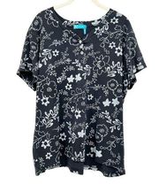 Fresh Produce Womens Floral Print Cotton Henley Short Sleeve Top Size 2X Black