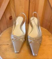 Ann Taylor Tan Patent Leather Criss Cross Toe Slingback Heels Shoes 7.5M