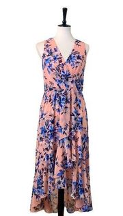 Eliza J Pink Blue Floral Hi Low Flowy Wrap Maxi Dress Sleeveless Women's Size 10