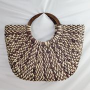 The Limited Woven chunky straw hobo bag tote purse Wood handle Orange Interior