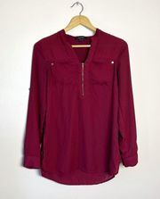 Burgundy Paper Tee 1/2 Zip Blouse Size S EUC