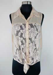 Poetry Semi Sheer Lace Accented Tie Front Sleeveless Top L