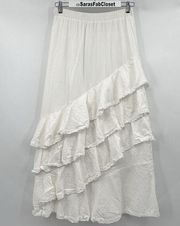 Mable Tiered Ruffle Maxi Skirt White Pull On 100% Cotton Stretch Size Large