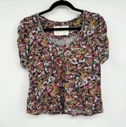 Maeve Anthropologie Floral Ruched Sleeve Tee Shirt Size XS