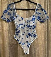 Royal Blue White Floral Sheer Fairy Doll Mesh Puff Sleeve Bodysuit Large