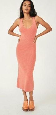 Peach Cotton Blend Ribbed V-Neck Daniela Low-Back Sweater Midi Dress