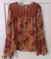 Brown Floral Long Sleeve Flowy Blouse