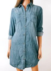 Chambray Long Sleeve Shirt Dress, XS-S