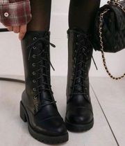 Black Mid Calf Lace Up Lug Sole Combat Boot