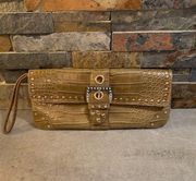 Kathy Van Zeeland Python Snakeskin Top Zip Clutch Green Beige Rhinestones