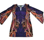 Melissa Paige Womens Purple Paisley Asymmetrical Bell Sleeve Tunic Top Boho XS