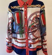  Button Front Multicolored Western Theme Carriage Blouse No Size Tag