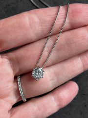 Sterling Silver Stamped 6 Prong Solitaire Diamond Adjustable Necklace 