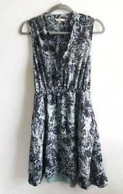 Rebecca Taylor Dress Silk V Neck Floral Blue Grey White Dress Sz 4 EUC