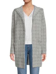 Magaschoni Hooded Plaid Open Front Cardigan Sweater Gray White Large