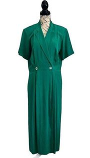 Vintage Robbie Bee Emerald Green Silk Maxi Dress Wrap Front Collared Modest  8P