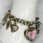 Brighton Power of Pink Heart Watch Charm Silver Tone Chain Link Bracelet