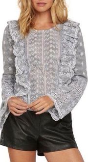 Willow & Clay Embroidered high neck bell sleeves ruffle detailed top size Medium