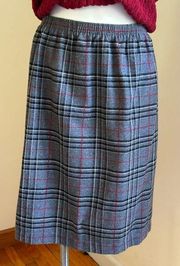 Boutique Midi Vintage Gray Red Black White plaid Wool Elastic Skirt SZ L