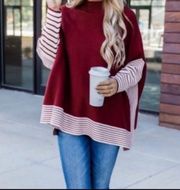 Womens Sweater Size Small burgundy Striped Mock Neck Poncho Pullover